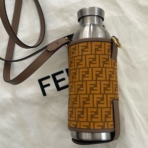 NEW Fendi Steel Bottle Leather Suede Water Holder Gold Brown Yellow Logo 7AR972